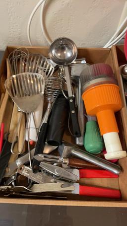 2 boxes of cooking utensils, silverware,
