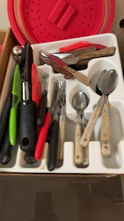 2 boxes of cooking utensils, silverware,