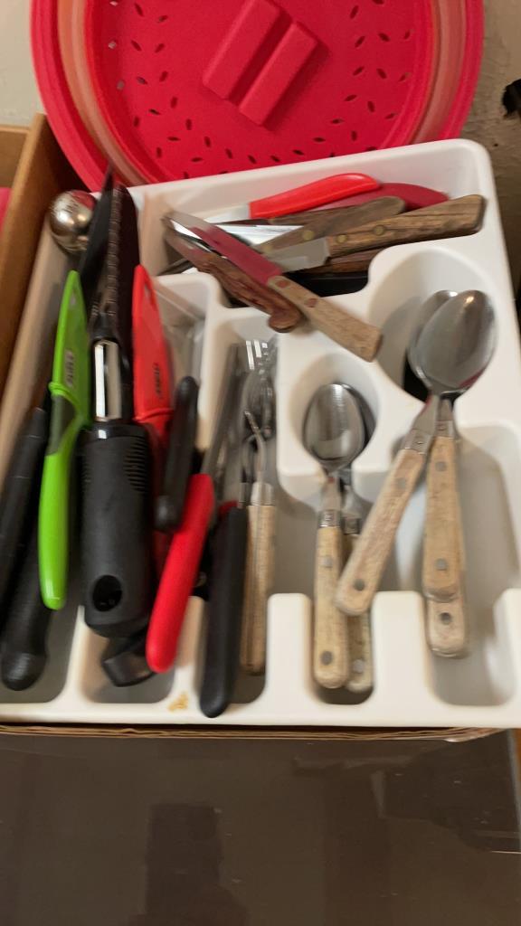 2 boxes of cooking utensils, silverware,