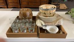 2 boxes of bowls,plates, brown cookie jar & 6