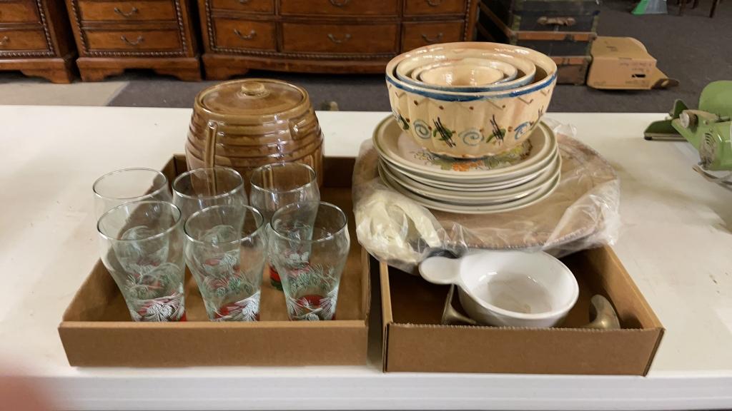2 boxes of bowls,plates, brown cookie jar & 6