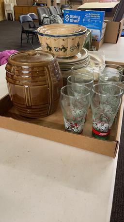 2 boxes of bowls,plates, brown cookie jar & 6