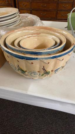 2 boxes of bowls,plates, brown cookie jar & 6