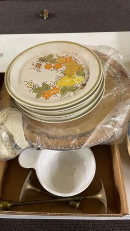 2 boxes of bowls,plates, brown cookie jar & 6