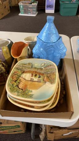 2 boxes of decorative plates, McCoy pieces &
