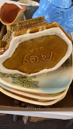 2 boxes of decorative plates, McCoy pieces &