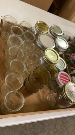 3 boxes of glasses & misc jars