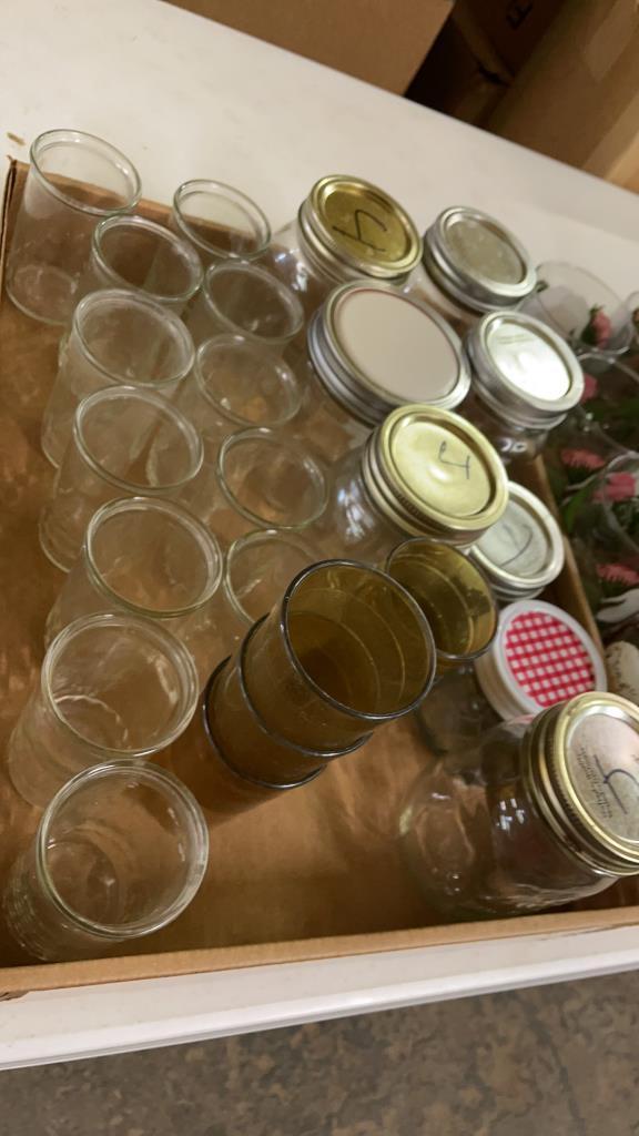 3 boxes of glasses & misc jars