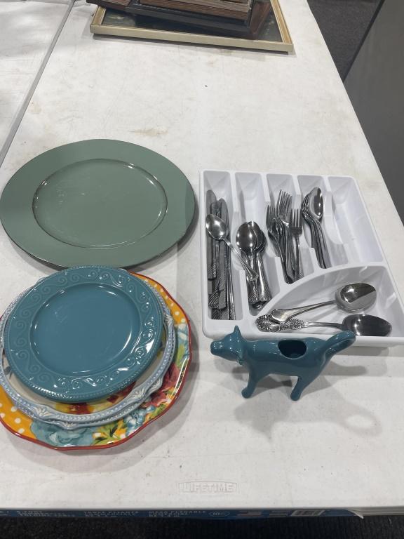 Misc plates,creamer & silverware