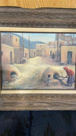 Misc adobe village & clay pot framed artwork