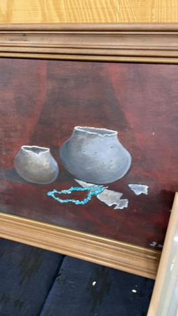 Misc adobe village & clay pot framed artwork