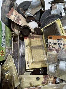 Box of misc roller casters,caster cups & door