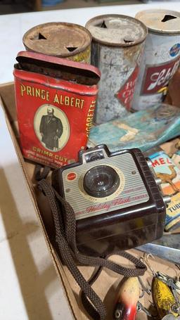 3 boxes of antiques & pet petrified wood