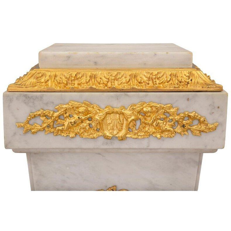 A Pair of Louis XVI Style Gilt Bronze Mounted Carrara Marble Pedestals 20th Century