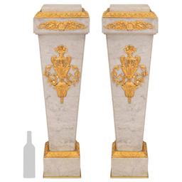A Pair of Louis XVI Style Gilt Bronze Mounted Carrara Marble Pedestals 20th Century