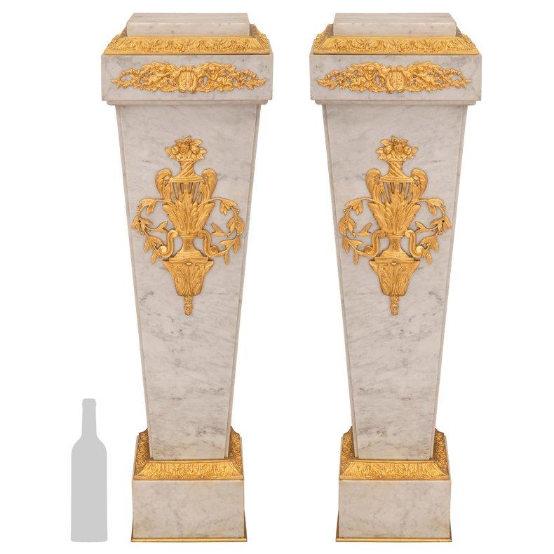 A Pair of Louis XVI Style Gilt Bronze Mounted Carrara Marble Pedestals 20th Century