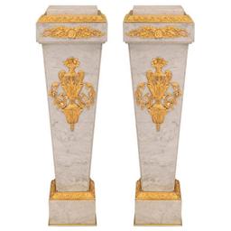 A Pair of Louis XVI Style Gilt Bronze Mounted Carrara Marble Pedestals 20th Century