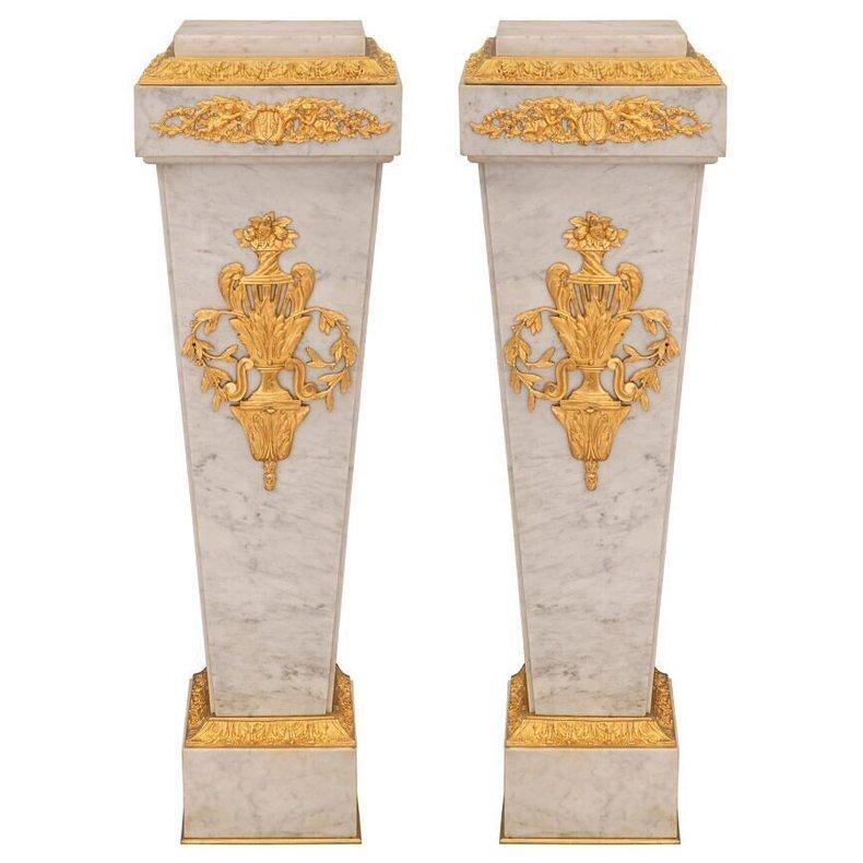 A Pair of Louis XVI Style Gilt Bronze Mounted Carrara Marble Pedestals 20th Century