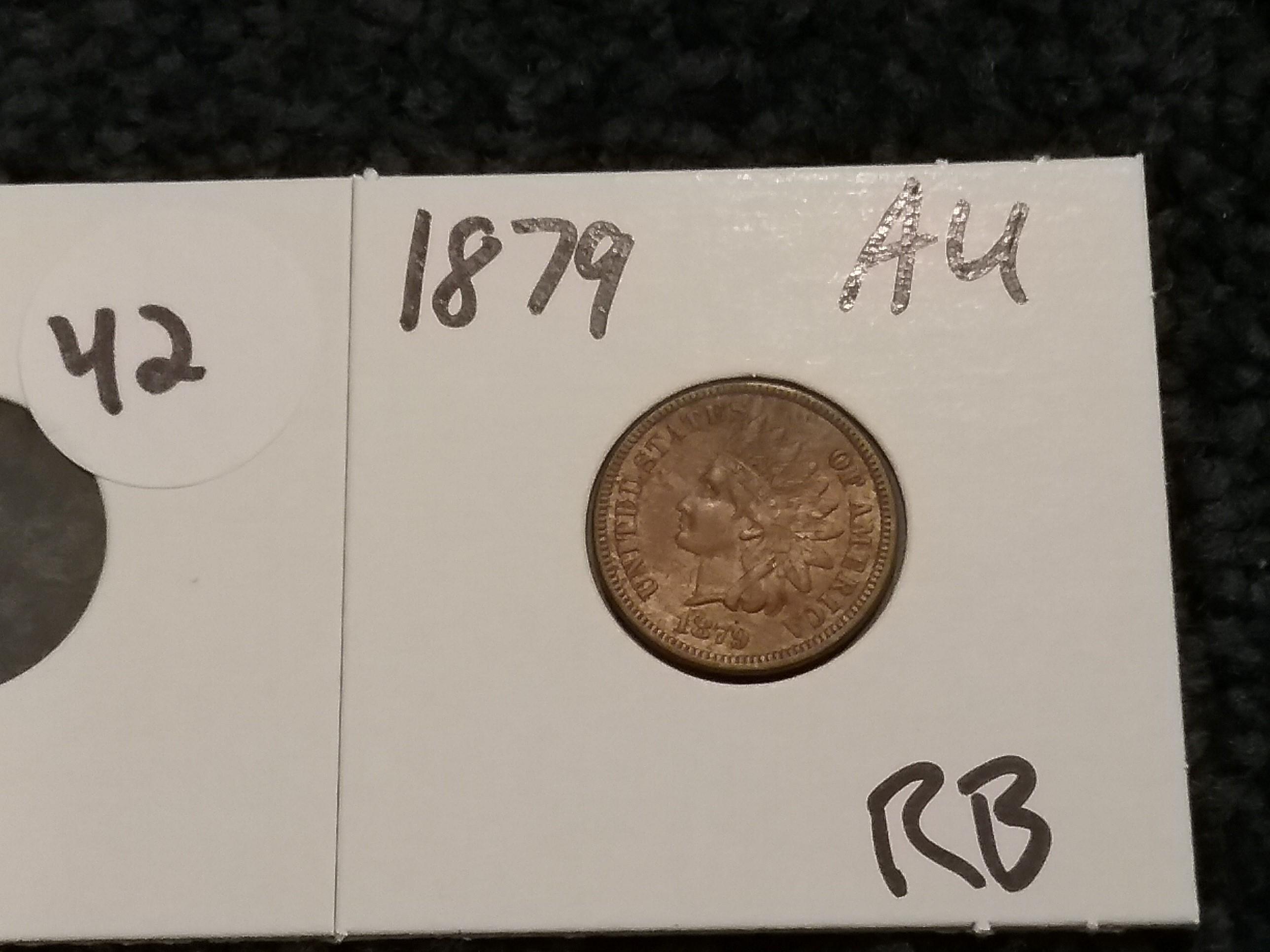 An absolutely gorgeous 1879 Indian Cent in About Uncirculated red-brown condition