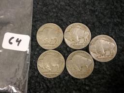 Five nice 1938-D Buffalo Nickels in Fine to Very Fine condition