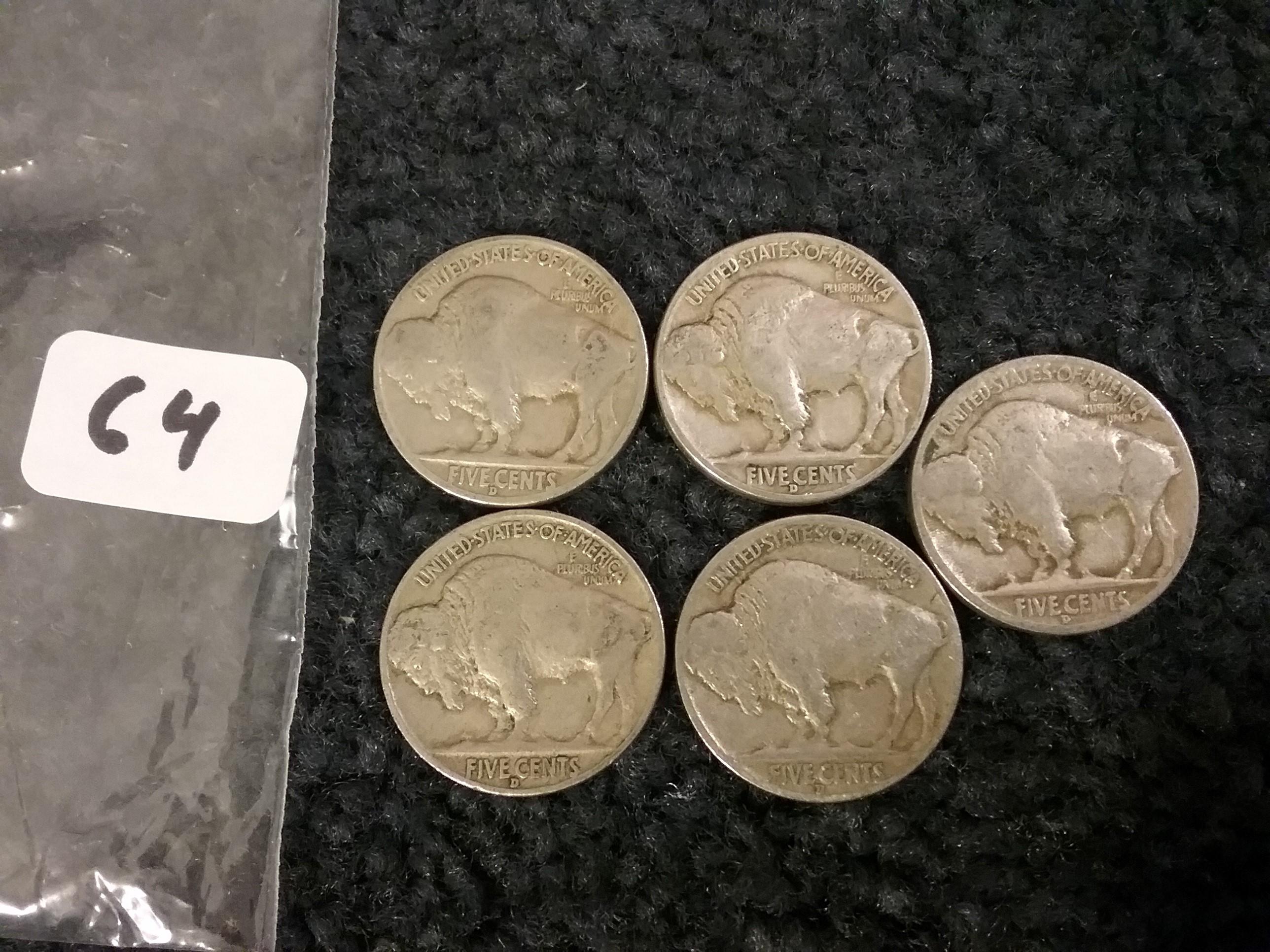 Five nice 1938-D Buffalo Nickels in Fine to Very Fine condition