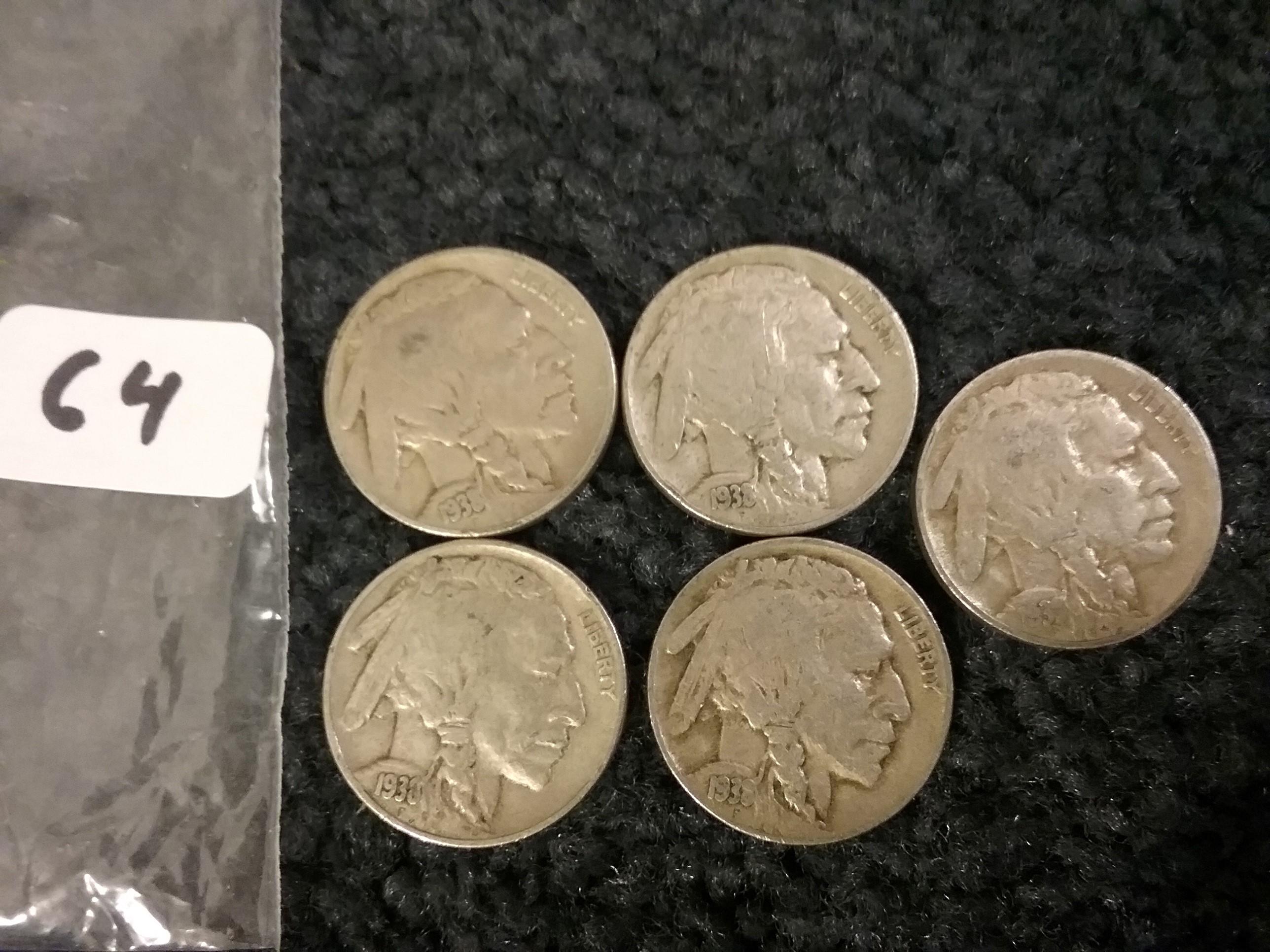 Five nice 1938-D Buffalo Nickels in Fine to Very Fine condition