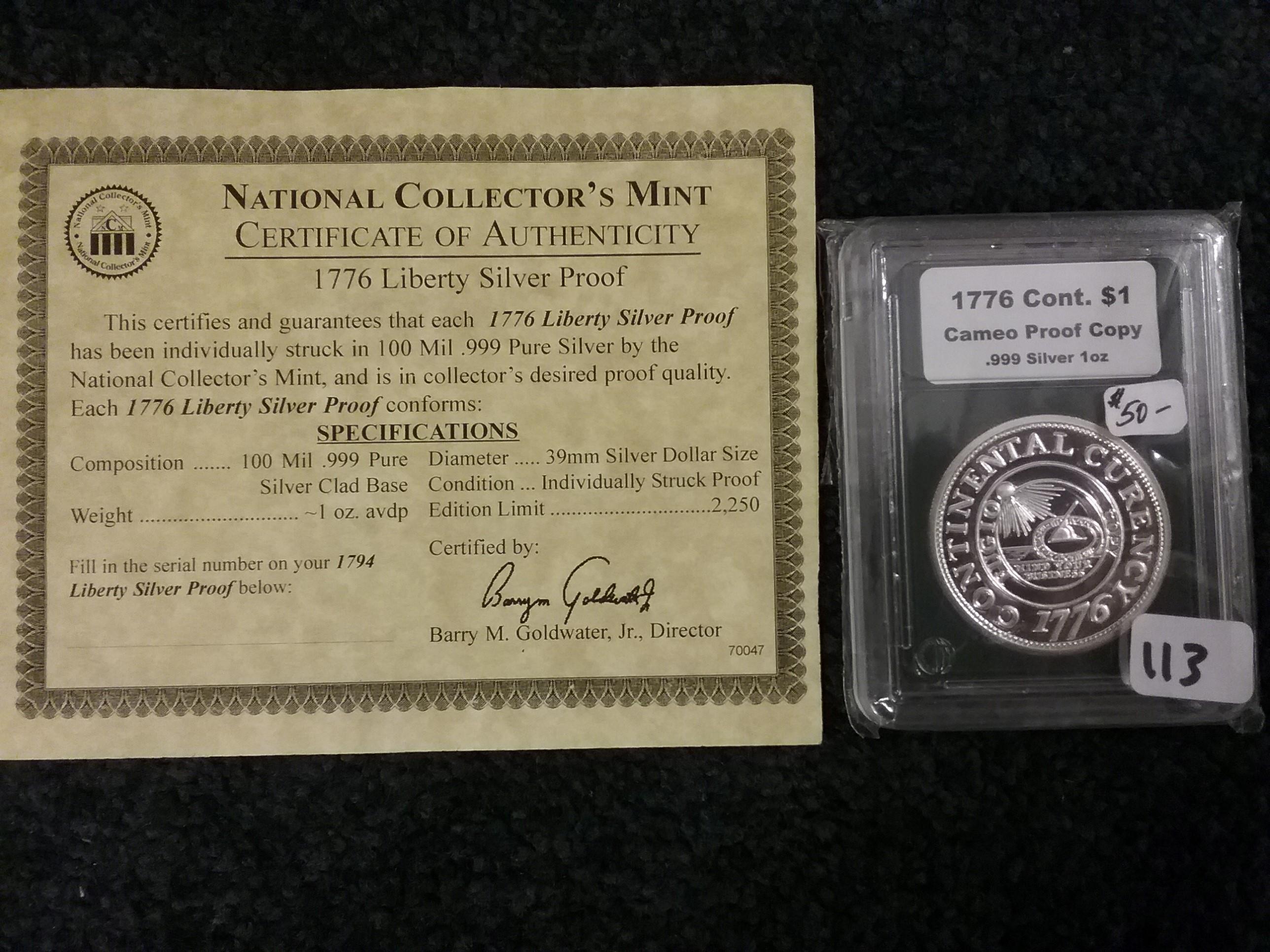 1776 Continental $1 Cameo Proof Copy