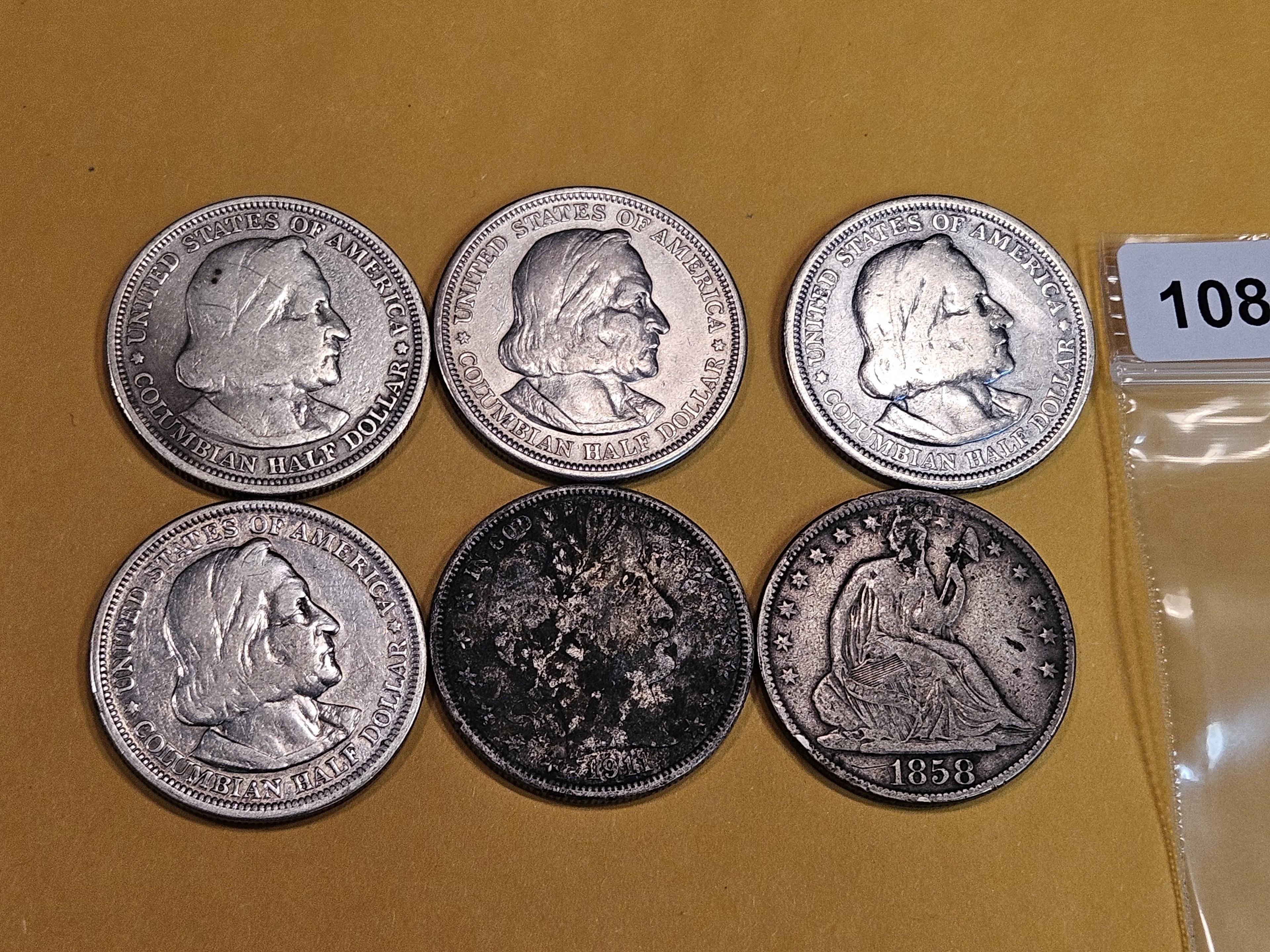 Six mixed Silver Half Dollars