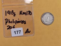 Bright, About Uncirculated 1913 Philippines 20 centavos
