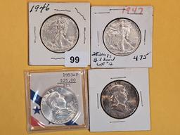 Four little nicer mixed silver half dollars