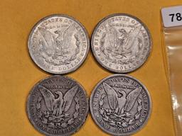 Four mixed Morgan Silver Dollars