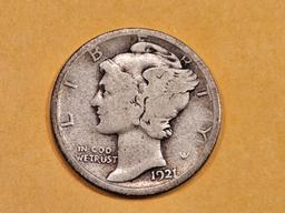 ** KEY DATE ** 1921 Mercury Dime in Good plus