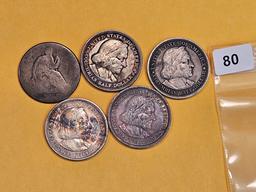 Five mixed Silver half dollars