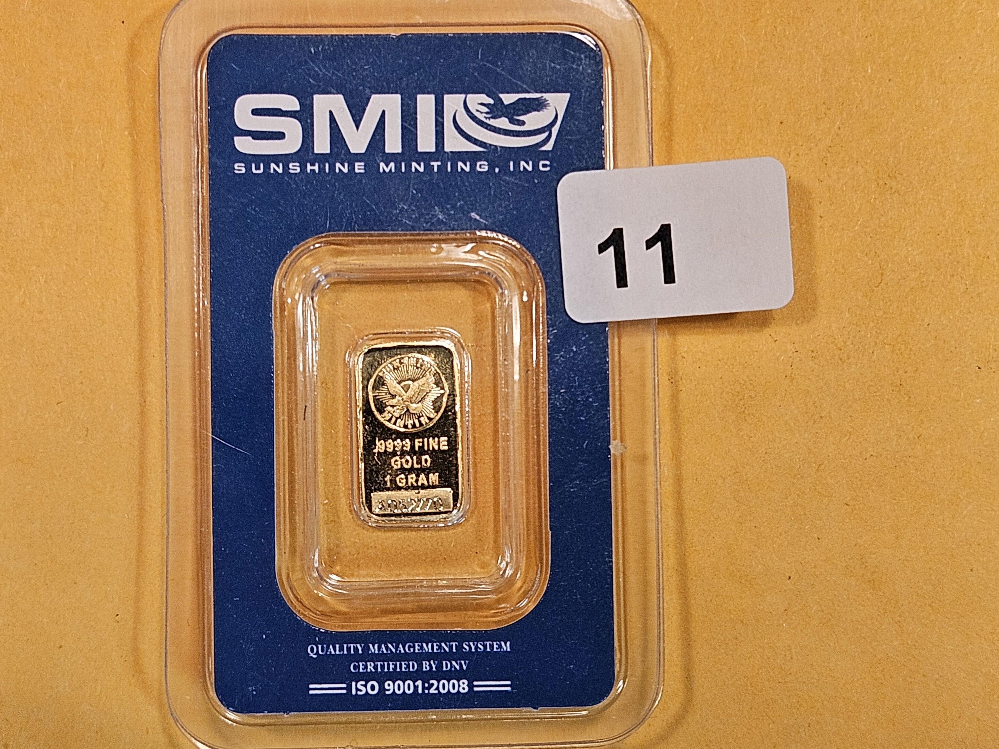 GOLD! Sunshine Minting One gram .9999 fine gold bar