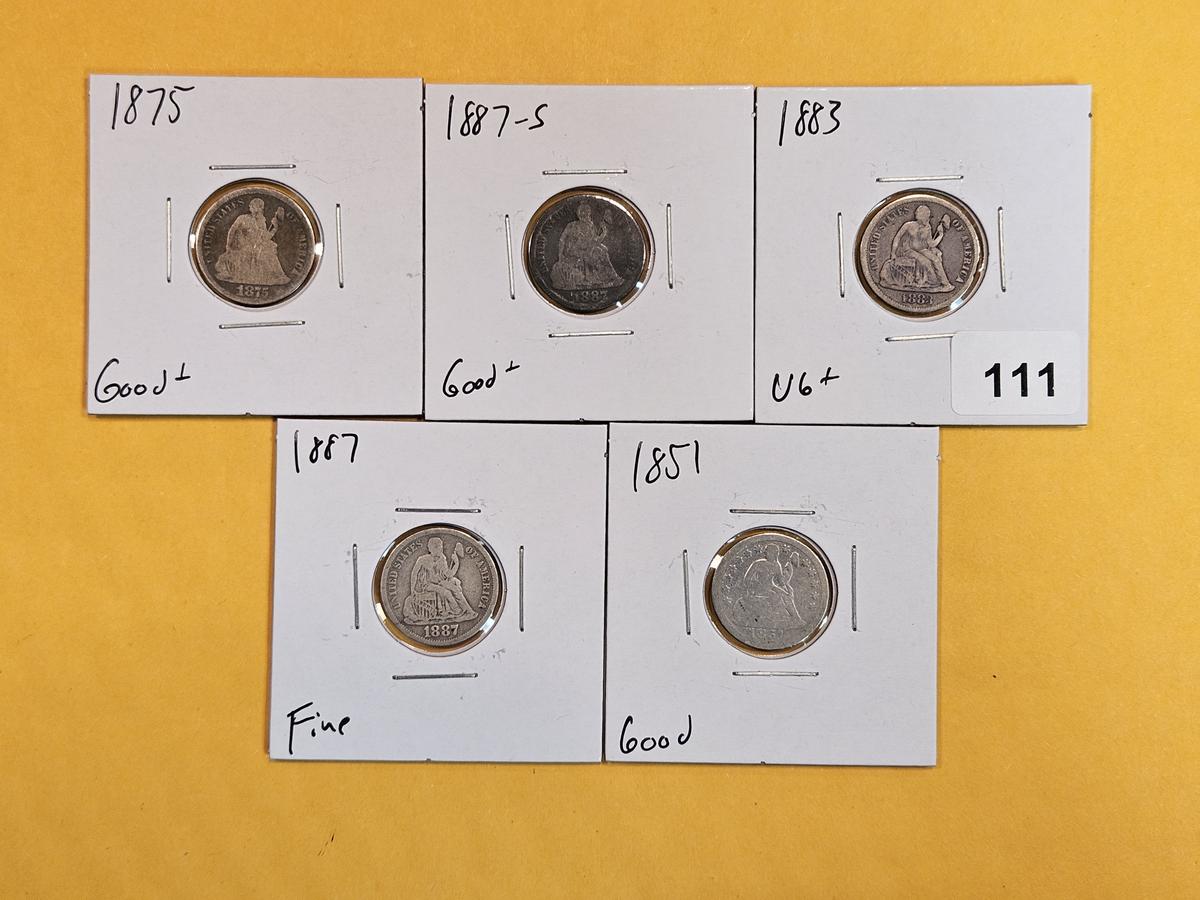 Five Seated Liberty Dimes