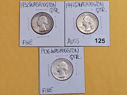 Three early Washington silver quarters