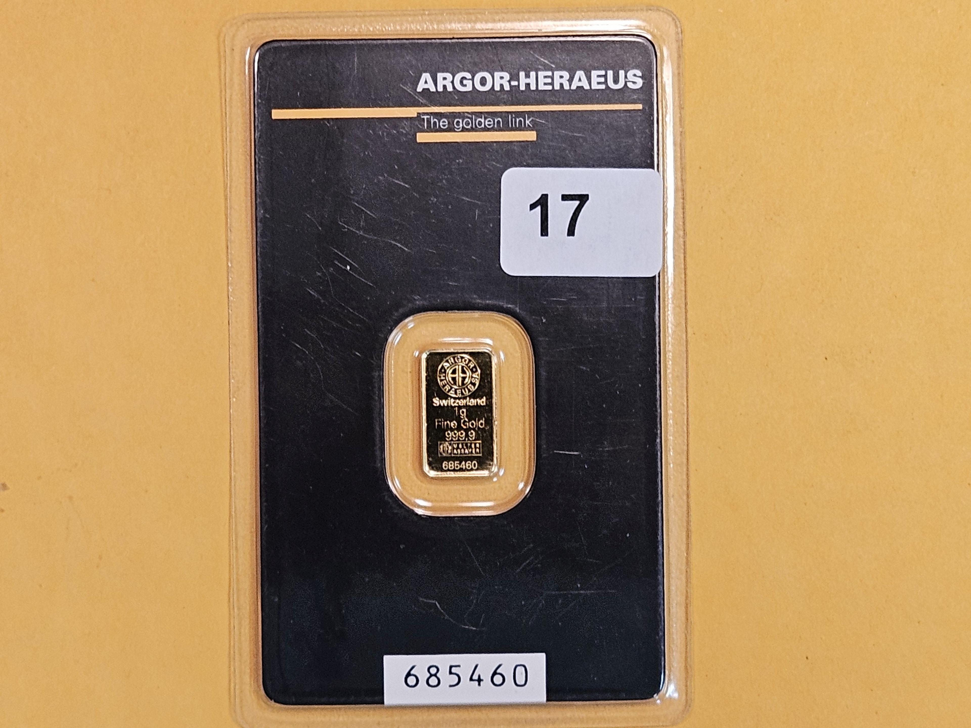 GOLD! Argor-Heraeus one gram .9999 fine gold bar