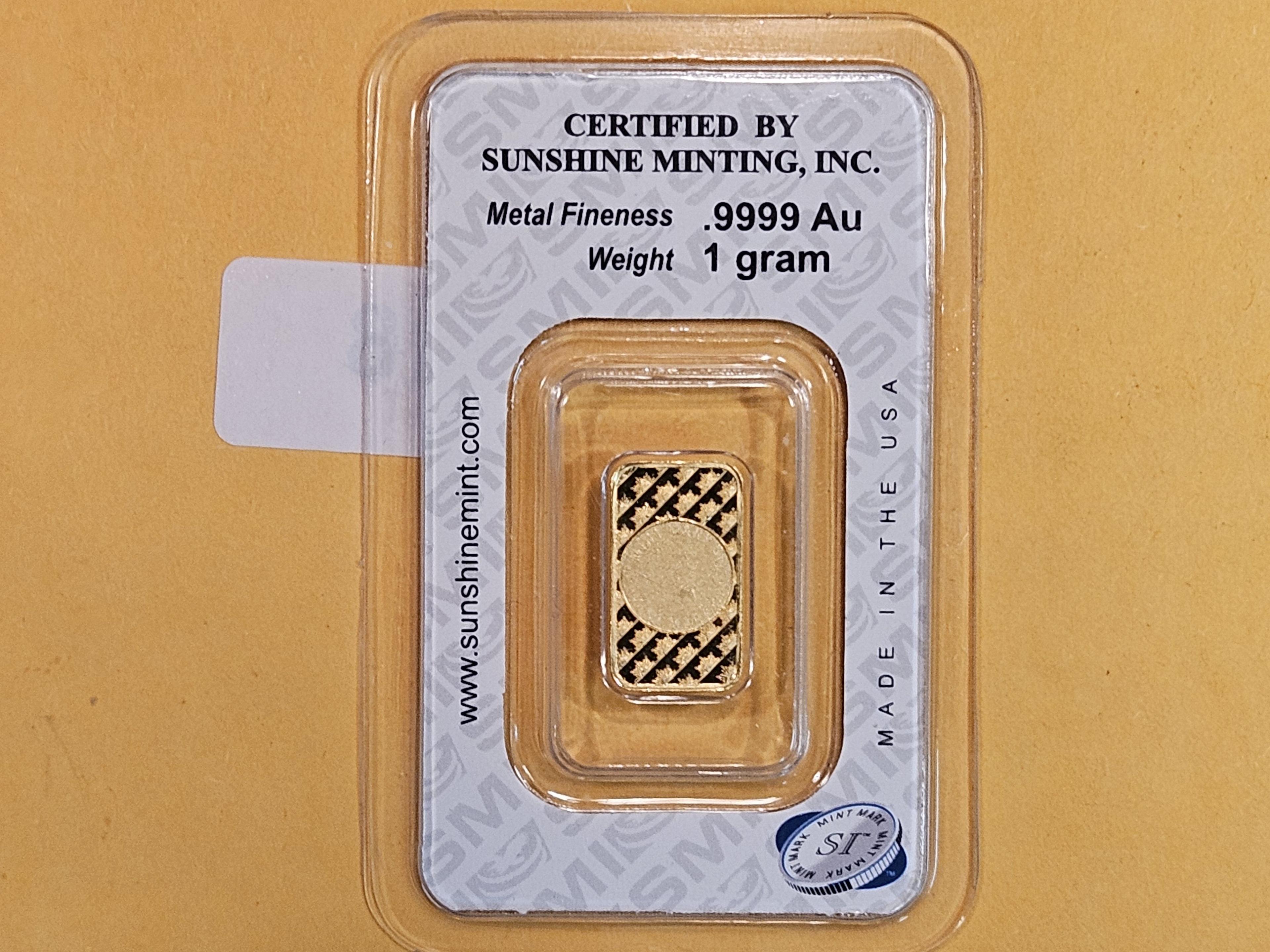 GOLD! Sunshine Minting One gram .9999 fine gold bar