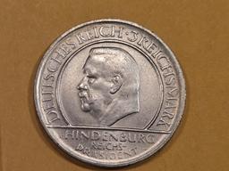 * 1929-D Weimar Germany silver 3 marks in Choice Brilliant Uncirculated