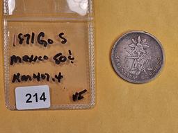 1871Gos Mexico silver 50 centavos in Very Fine