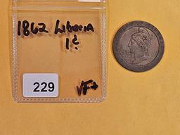 1862 Liberia One Cent in Very Fine