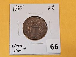 1865 Two Cent piece in Very Fine plus