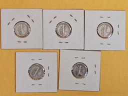 Five Silver Mercury Dimes