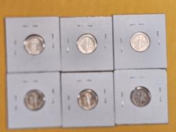 Six silver Mercury Dimes