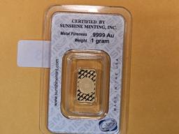 GOLD! Sunshine Minting One Gram .9999 fine gold bar