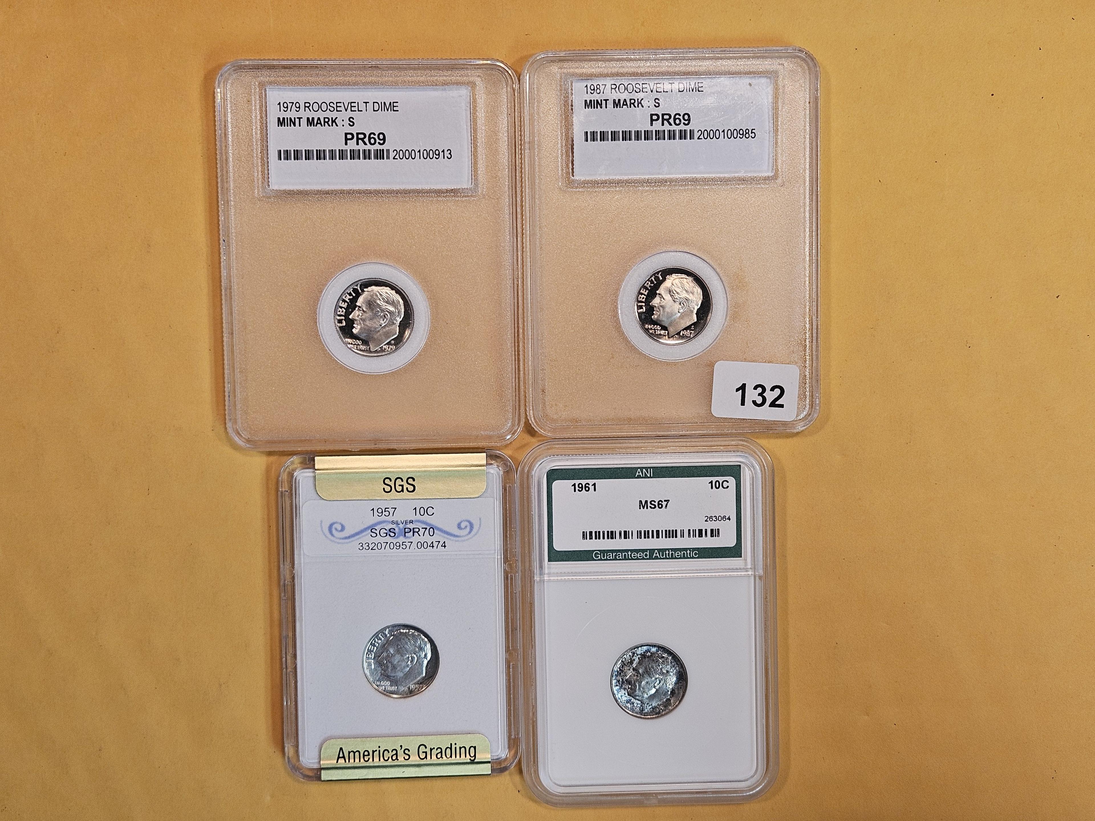 Four mixed GEM Roosevelt Dimes