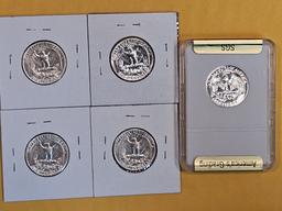 Five silver Washington Quarters