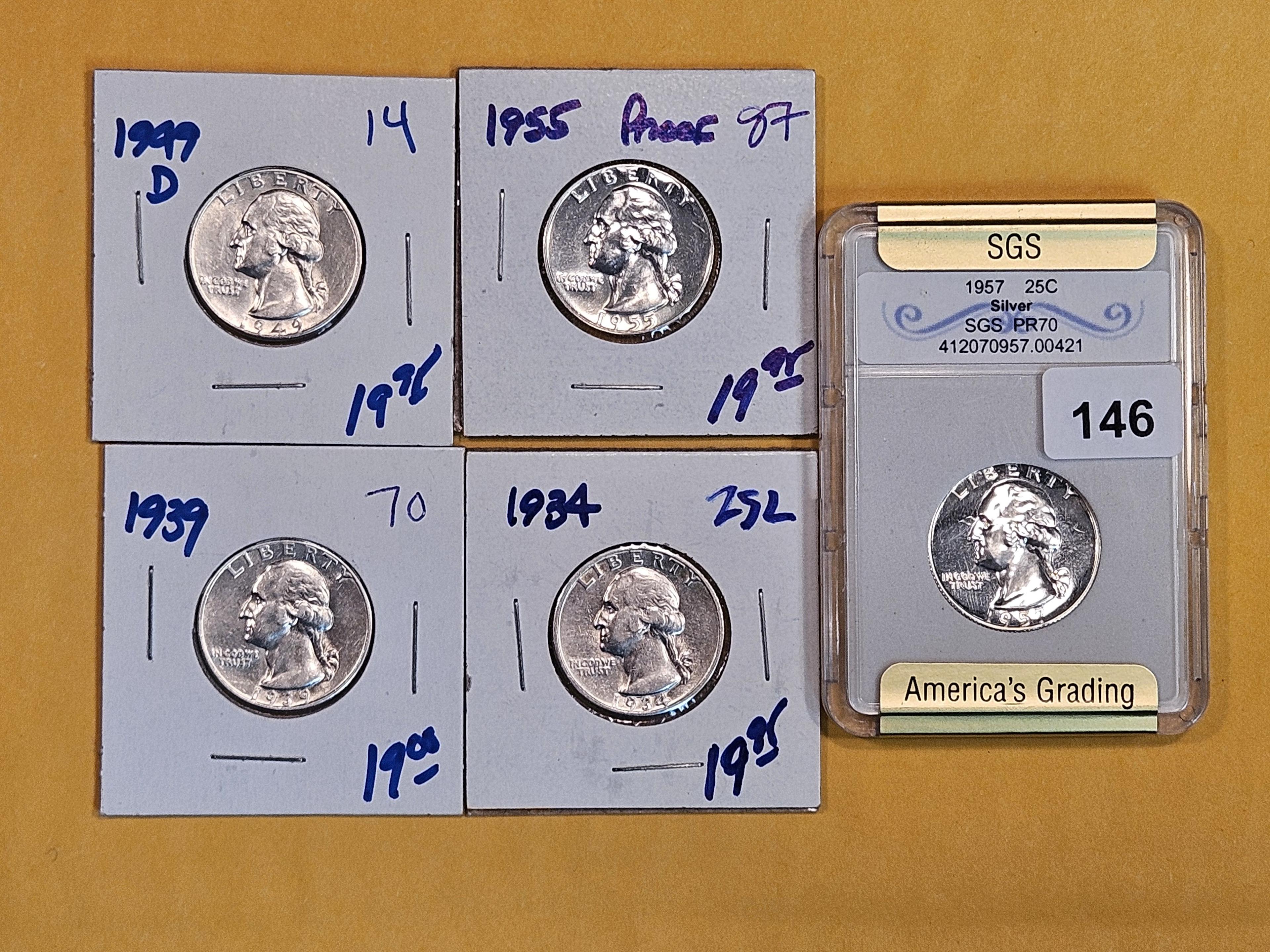 Five silver Washington Quarters