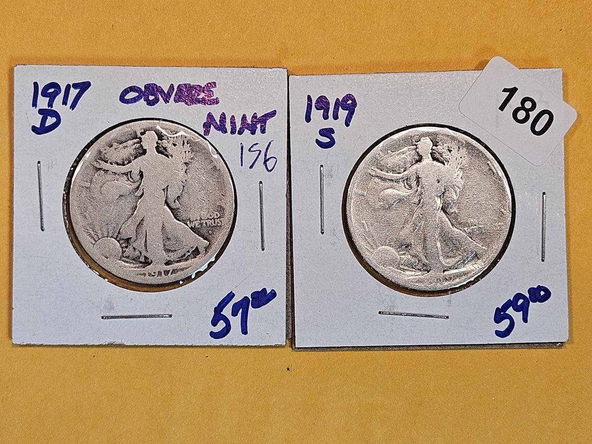 1917-D obverse MM and 1919-S Walking Liberty Half Dollars