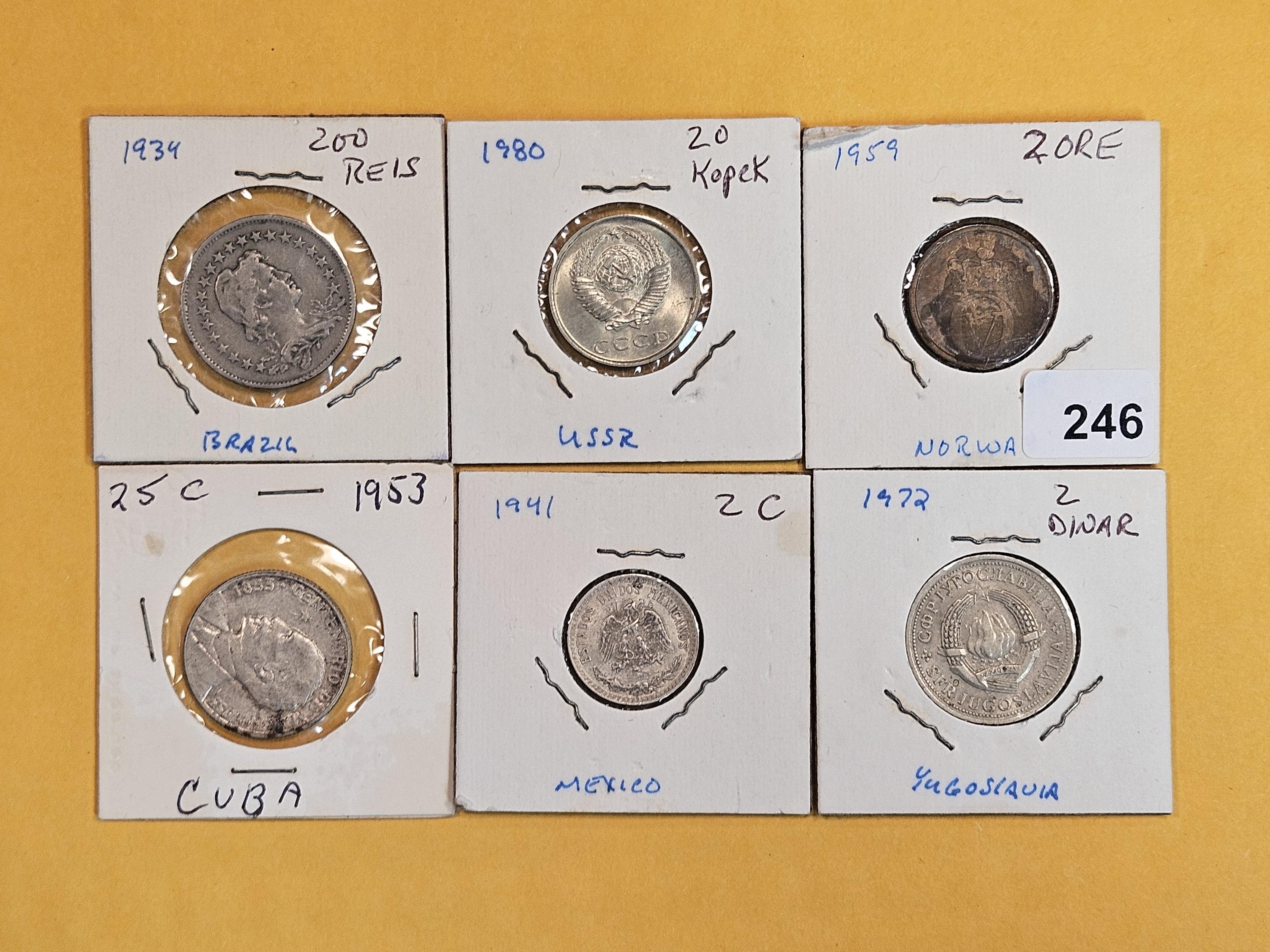 Six mixed World Coins